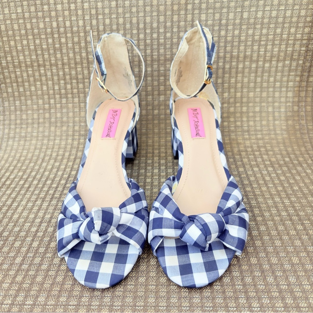 Vintage Betsey Johnson Ivee Women 7 Navy Gingham Bow Ankle Strap Heeled Sandals - Picture 5 of 9